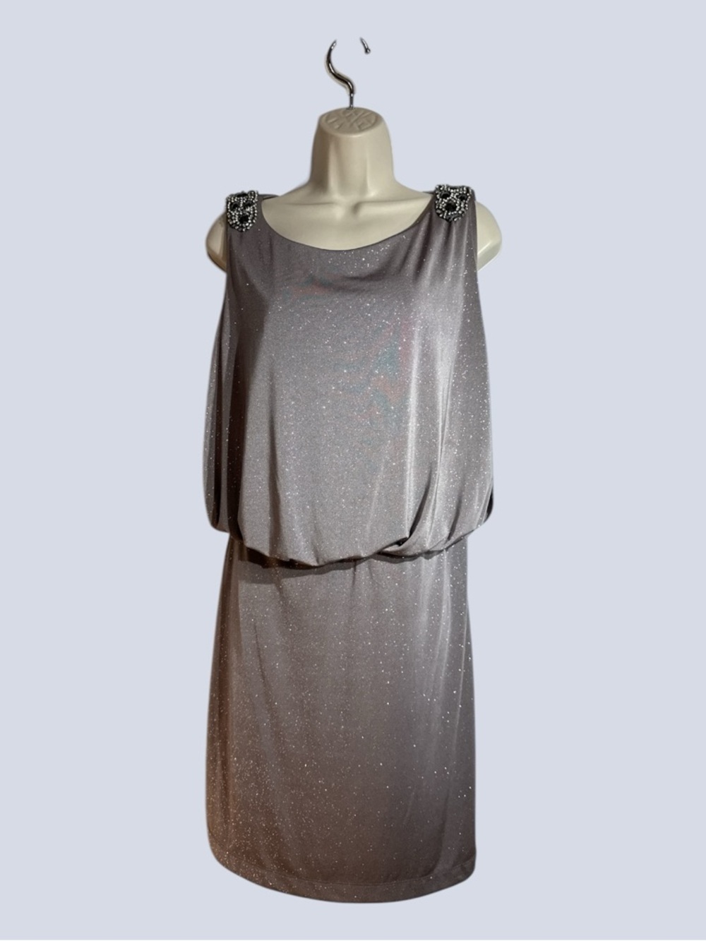 Jackie Jon Sparkly Cocktail Midi Dress Jeweled Sleeveless Pewter Gray Shimmer 12